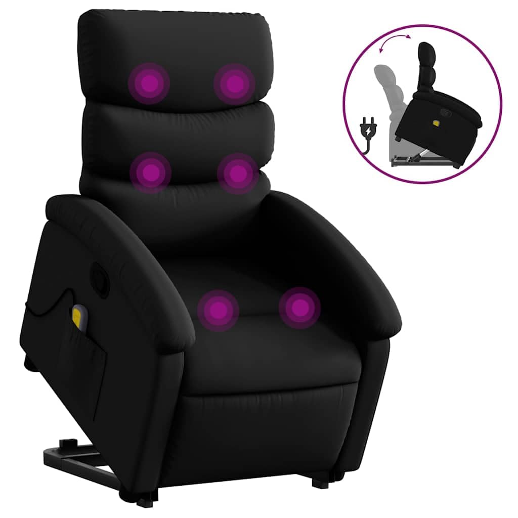 Sillón elevador reclinable con masaje de 6 puntos, función de elevación eléctrica y marco estable de piel sintética negra, asiento cómodo y asa de reclinación manual