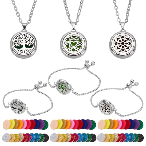 Diffuser Necklace Bracelet Set 3 Styles Stainless Steel Aromatherapy Locket Adjustable Diffuser Bracelet Refill Pads Jewelry For Jewelry Accessory Birthday Gift