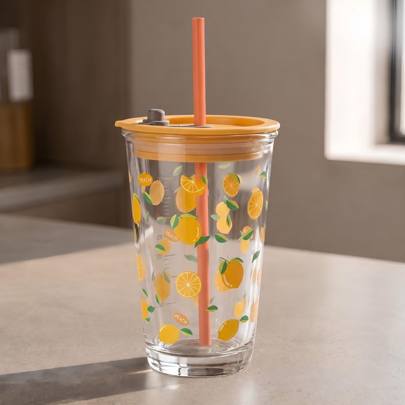 Image of Allo Reusable Glass Mug Sipper Tumbler with Straw, Unique 2 in 1 Anti Spill Lid | Microwave Safe Leakproof Glass with Anti-Slip Grip for Hot & Cold Coffee| Car, Office, Travel use | 450ml (Orange)