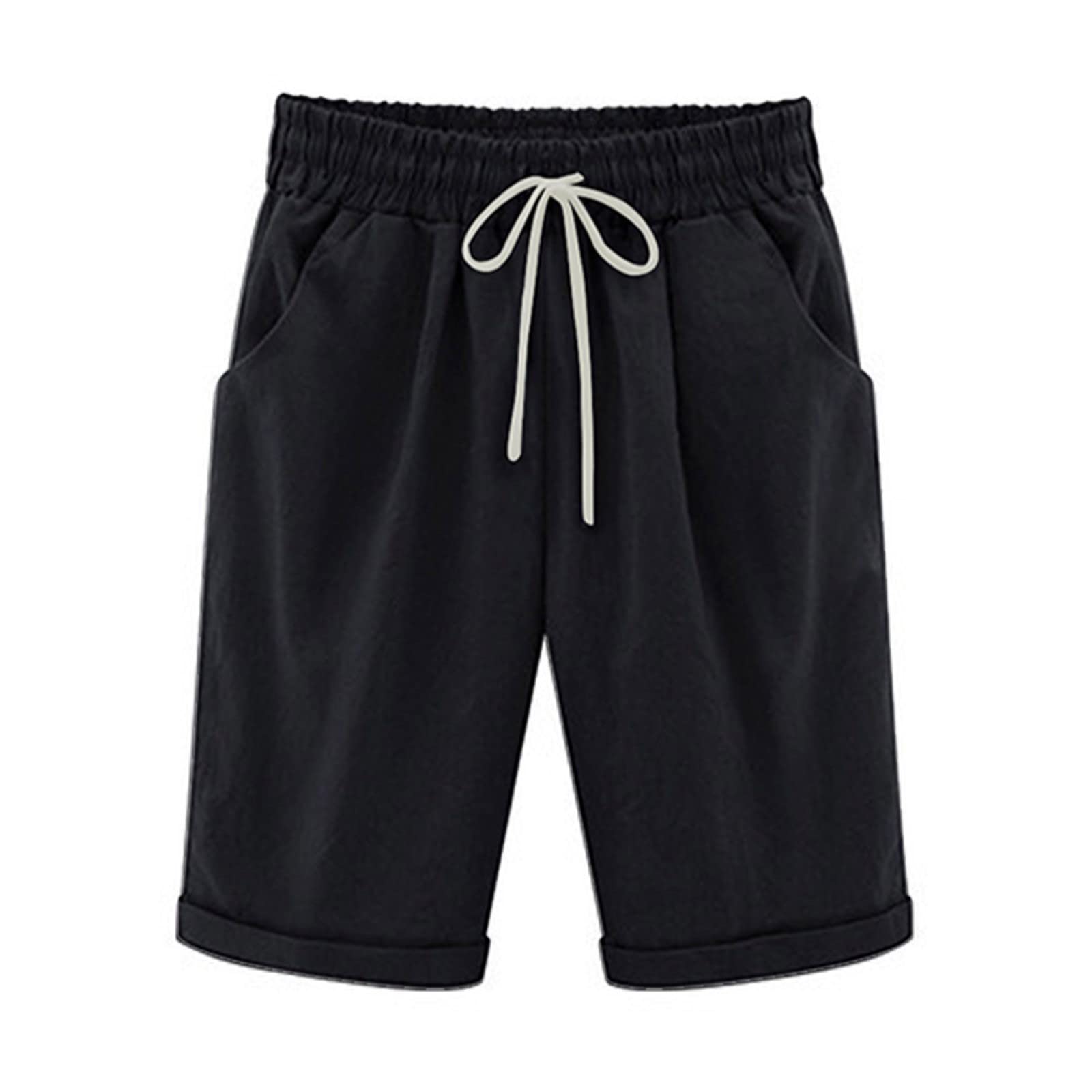 XUNRYAN Women's Bermuda Shorts Linen Cotton Long Shorts Shorts Athletic Yoga Workout Lounge Shorts Pockets Cargo Pants Black