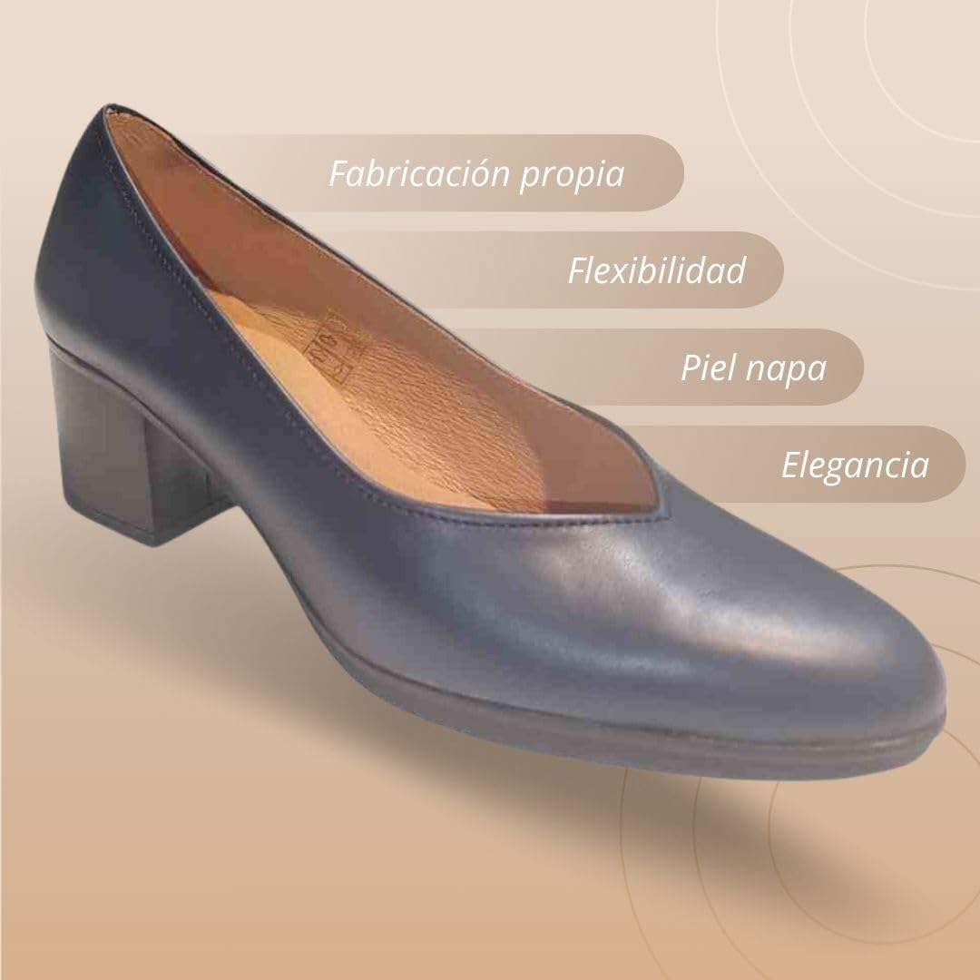 Zapatos de Salón Mujer Belona, Cómodos 24 Horas para Azafatas, Trabajo. Calzado de Piel Fabricado en España Tacón Medio