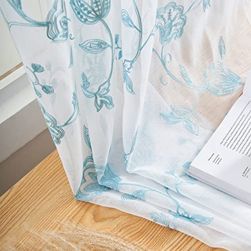 Image of Sheer Curtains Blue 45 Inches Long Floral Embroidery Rod Pocket Voile Drapes for Living room, Bedroom, Window Treatments Semi Lace Outdoor Curtain Panels for Yard, Kitchen, Villa, Set of 2, 52 inchx 45 inch.