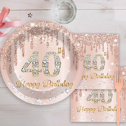 Image of 96PCS Rose Gold 40th Birthday Party Paper Plates and Napkins Forty Years Old Table Decorations 40th Birthday Disposable Dessert Tableware Set Serves 24 Guests Girl Ladies Women Party Supplies Favors