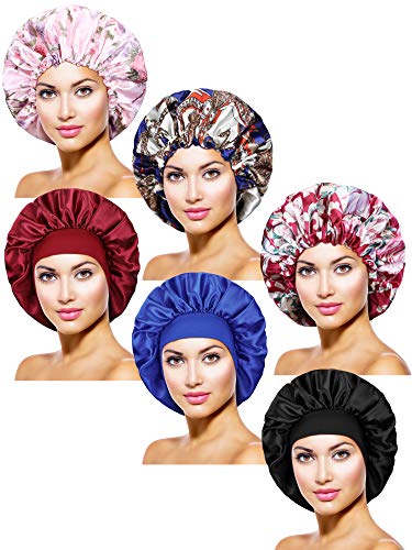 6 Pieces Satin Bonnet Sleep Cap Adjustable Elastic Drawstring Night Hat Wide Edge Sleep Cap in Different Patterns and Colors for Women Girls Sleeping Supplies