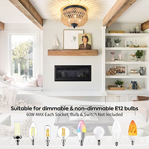 3-Lights Woven Rattan Ceiling Light Fixture,Farmhouse Hand-Woven Cage Semi Flush Mount Ceiling Light, Boho Coastal Natural Basket Close To Ceiling Light For Bedroom Hallway Corridor Nursery Entryway #TOP6