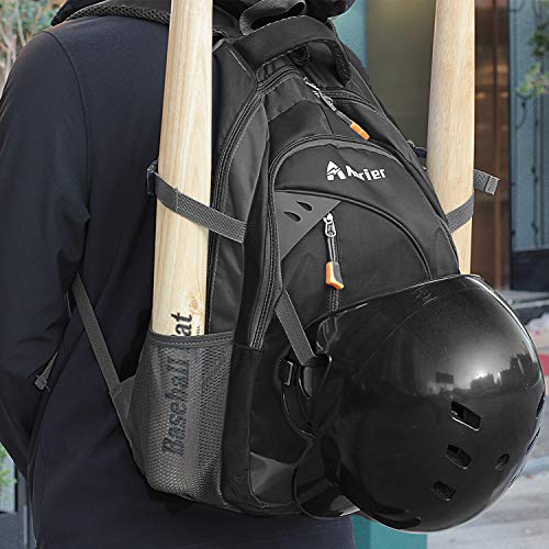 ALLRIER Baseball Backpack Bag - Baseball Bag with Fence Hook, Ball Softball Equipment Gear Holds 2 Bat Helmet Batting Glove Cleats Water Bottles and More for Kids Youth and Adults - Black