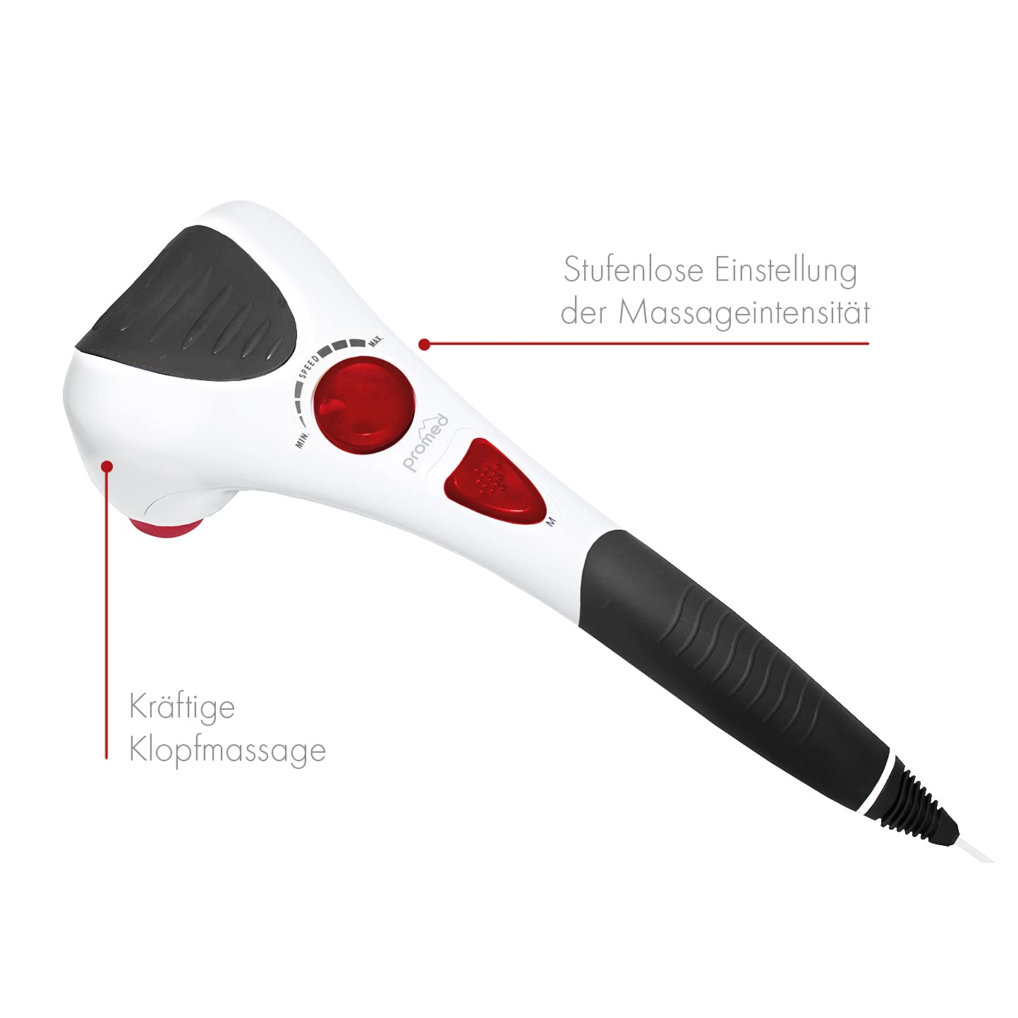 Promed Itm Pro Massaggiatore a Battiti, Varie Teste di Massaggio per Digitopressione e Massaggio Puntiforme, con Luce Rossa Commutabile e Funzione Riscaldante