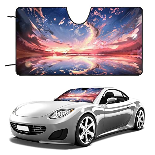 カーサンシェード 夕焼け 空と海 赤と青 おしゃれ サンシェード 車 フロント 車用サンシェード 高密度生地 断熱 遮光 汎用 自動車 フロント 折りたたみ 紫外線対策 UVカット 簡単取り付け カー用品 父の日 プレゼント(アルミホイル) 51"x28"