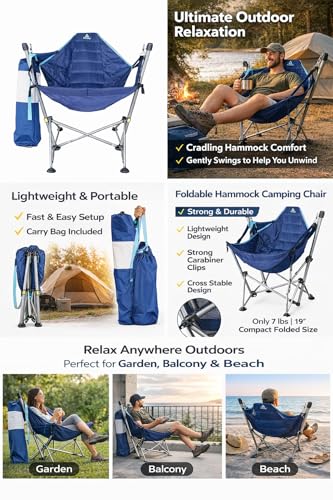 Image of Garden Art Foldable Hammock Camping Chair with Stand, Lightweight Swing Lounge Seat for Outdoor, Garden, Balcony, Beach, Travel, Alloy Steel, Blue, Carry Bag Included