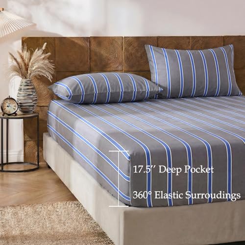 Image of Merryword 100% Cotton Sheet Set Full Size - Blue and Gray Striped Bedding, Soft Breathable Percale Weave, Deep Pocket Fitted Sheet 17.5 inch, Luxury & Silky Soft Sheet Set for All Seasons