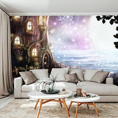 Afwadfwa Modern 3D Removable Wallpaper Self-Adhesive Magical Gnomes Tree House With Glowing Garden And Fairies Overlooking Wall Murals Peel Stick Stickers For Living Room Bedroom Decor, 100''X144'' #TOP1