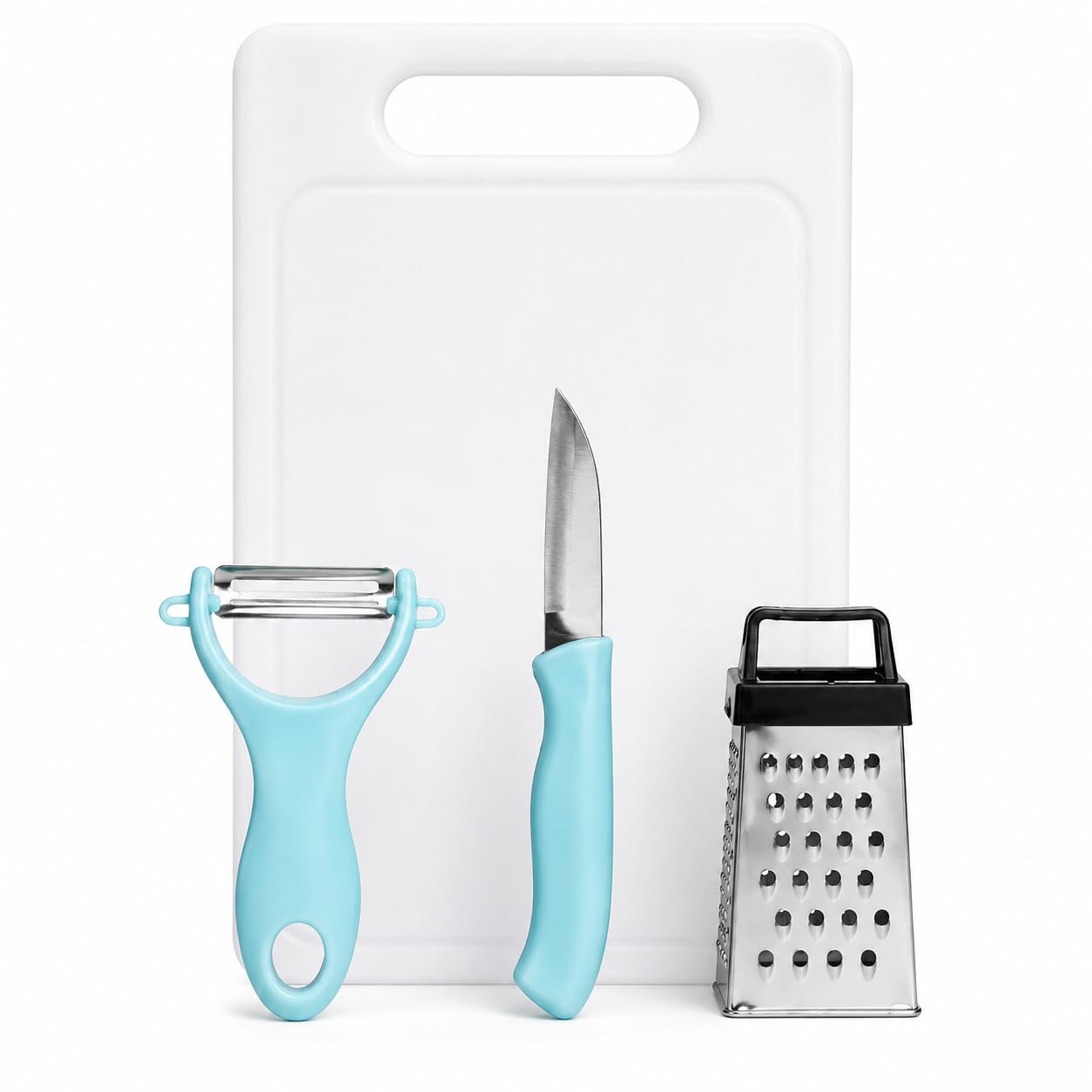 Kit Cozinha com Tábua de Corte Branca Descascador Faca de Legumes e Ralador 3 Peças