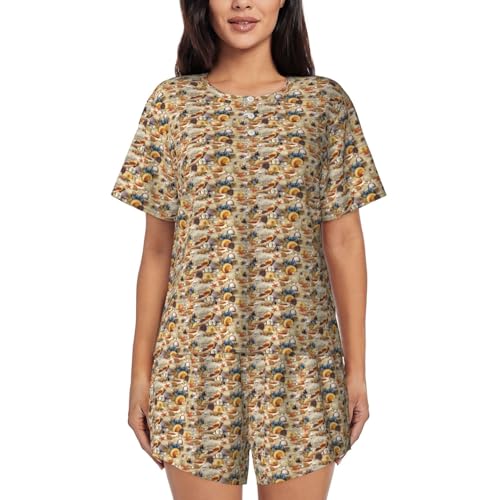 Pyjama à manches courtes femme noir motif étoiles de mer et coquillages pour l'été