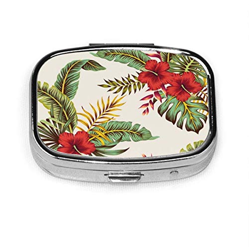 Tropical Vintage Red Hibiscus Floral Verde Moda personalizada Plata Cuadrado Pastillero Medicina Tableta Titular Cartera Organizador C