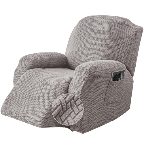 Image of Genina Recliner Chair Covers, Stretch Reclining Chair Cover, Recliner Sofa Slipcovers Stripe Jacquard Lazy Couch Covers Furniture Protector Covers for Pet Kid (Light Grey, 1 Seat)