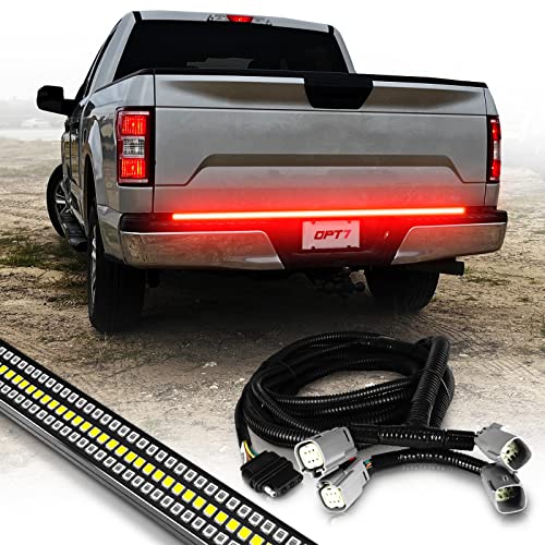 OPT7 Plug'n'Play Bundle for 2018-2020 F150 without Blind Spot Monitor – 60" Redline Triple Row LED Tailgate Light Bar w/Sequential Red Turn + Easy Connect Harness