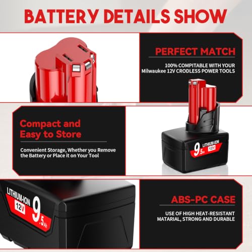 Image of 2Pack 9.5Ah Replacement for Milwaukee M12 Battery with LCD Display Compatible with Milwaukee 12V Battery 48-11-2401 48-11-2402 48-11-2411 48-11-2420 Cordless Power Tools
