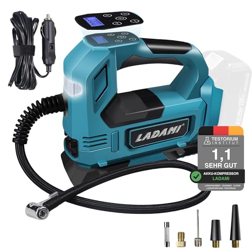 LADAMI Akku-Kompressor für Makita 18V Akku Luftpumpe bis150 PSI mit LED-Licht & Autostopp Tragbare Luftpumpe mit Digitales Manometer Elektrischer Luftkompressor für Auto Motorrad Fahrrad Sportbälle