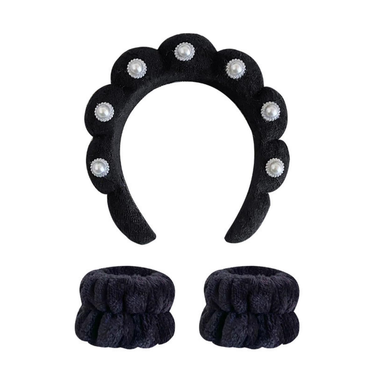 SZHYHTIKI Pearl Rhinestone Headband for Women Girls Terry Cloth Spa Headband for Washing Face Makeup Skincare Puffy Hair Band (Black)