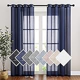 PONY DANCE Wohnzimmer Gardinen Halbtransparent - Dunkelblauer Vorhang Leinenoptik Gardinen Landhausstil für Schlafzimmer & Balkontür Gardinenschals, 2er Set H 220 x B 140 cm