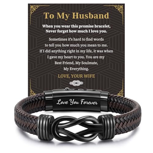 MEALGUET to My Husband Bracelet Gift - Brown Braided Leather Infinity Knot Bracelets Engraved Letter Love You Forever for Husband, Mens Bracelets Gift from Wife for Birthday Christmas