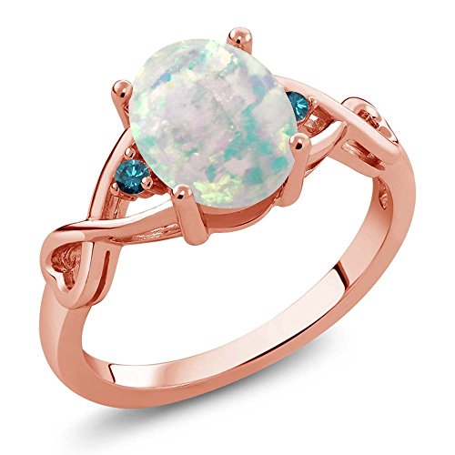 Gem Stone King 0.66 Ct Oval Cabochon White Simulated Opal Blue Diamond 18K Rose Gold Plated Silver Ring