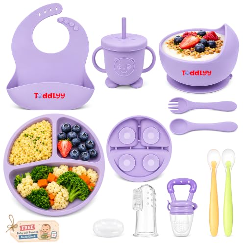 Image of 10 Pcs Silicone Baby Feeding Set for Toddlers 6+ Months | Baby Led Weaning Self Feeding Kit | Suction Plate & Bowl, Bib, Cup, Spoon & Fork, Fruit Feeder, Finger Brush | FDA | Ebook (Lavender)