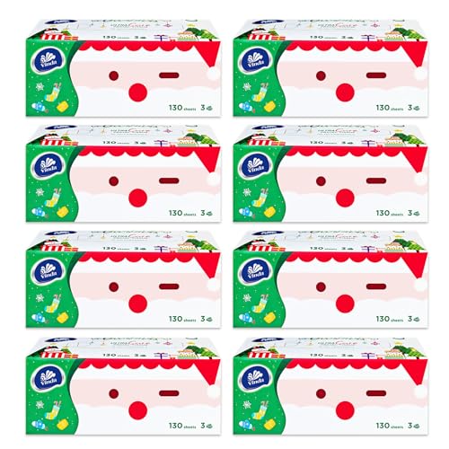Vinda 3-Ply Ultra Care Facial Tissues Cute Edition Festive Holiday Boxes 130 Tissues/Box 8 Flat Boxes Ultra Soft & Gentle for Sensitive Skin Ideal for Home Office or Holiday Gifts