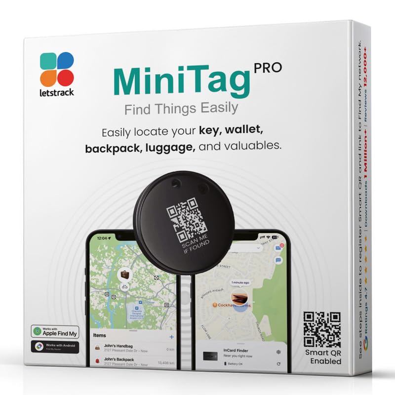 Tracker Tag Bluetooth MINI TAG PRO Works with Apple Find My & Google Find Hub (iOS and Android) 1-Year Replaceable Battery | Item Finder & Locator for Keys, Luggages, Bags (Black-PO1)
