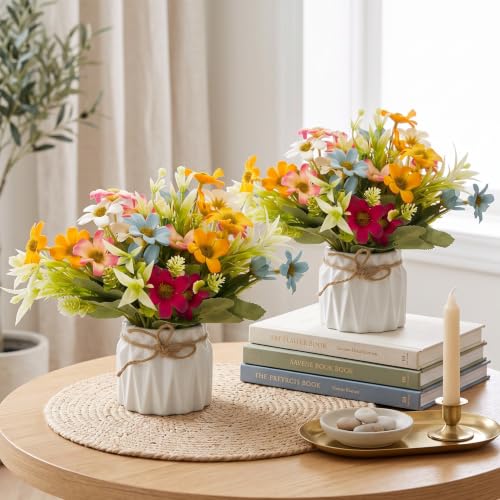 Image of Dekorly Artificial Lavender Plant in White Pot, 18cm - Realistic Faux Flower Arrangement for Home & Office Decor (Set of 1) (2, Gerbera Daisy Flower)
