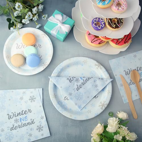 Assiettes flocons de neige bleu Hushee jetables et rigides pour buffet