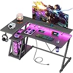 47 Inch Gaming Desk with Power Outlet & LED Lights, Corner Computer Desk with 3 Tiers Storage Shelves, Home Office Desk with Monitor Stand for Small Space, Carbon Fiber Black