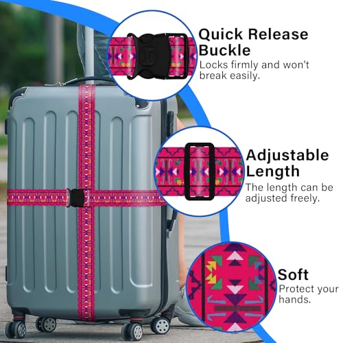 Image of 2 Pack Luggage Straps for Suitcases, Adjustable Travel Belt with Double Lock and Quick Release Buckle, Heavy Duty Nylon Bag Packing Strap, Bright Identifiers Business Travel Accessories-Pink Totem