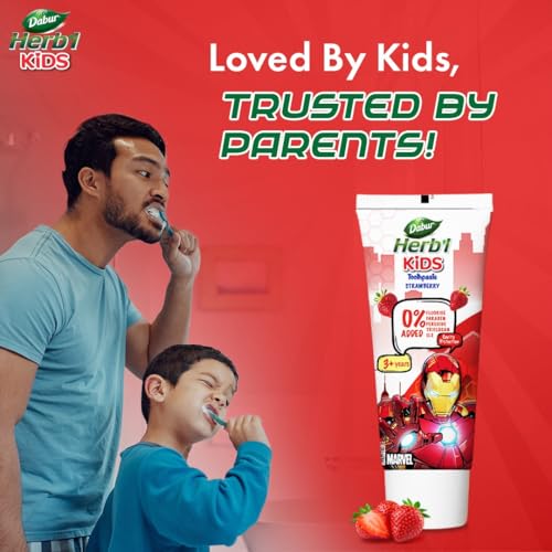 Image of Dabur Herb'l Kids Iron Man Toothpaste - 160g (80g x 2) | Strawberry Flavour | 3+ Years | No Added Chemicals | Cavity Protection | Fights Germs | Strong Teeth & Healthy Gums | SLS & Fluoride Free