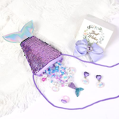 OSDUE Mermaid Bag Jewellery Gift,Mermaid Crossbody Bag Purse w/ Jewelry Set Princess Necklace Bracelet Rings Earrings,Princess Role Play Dress Up Jewelry Accessories Party Favors Gift,18.5x17x2.3cm - Image 3