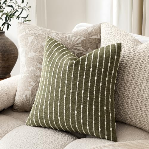 Image of Foindtower Pack of 2 Decorative Jacquard Boucle Throw Pillow Covers Accent Textured Striped Pillowcases Cozy Modern Cushion for Couch Sofa Bedroom Living Room Home Decor 18x18 Inch Olive Green