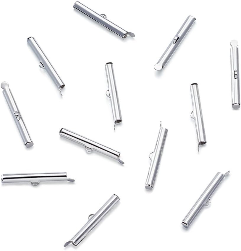 KISSITTY 50pcs Iron Slide On End Clasps 3.2mm Inner Diameter Platinum Slider Tube Clasps