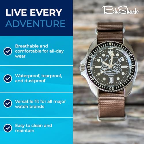 Image of BluShark - Original Collection Military-Style Waterproof Watch Strap, Fits All Timepiece Brands, Durable Nylon Wristwatch Accessories with Stainless Steel Buckle - 18mm, 20mm, 22mm & 24mm Watch Bands