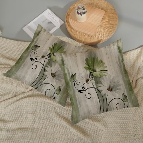 Vintage Throw Pillow Covers 20x20 Inch 2 Pcs Sage Green Daisy Floral Butterfly Decor Pillow Covers Rustic Flower Spring Summer Outdoor Decorative Pillowcase Linen Cushion Cover for Couch Sofa — view 5