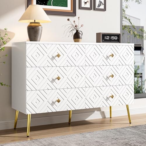 ChouTangYu Cómoda moderna con 6 cajones, 120 x 40 x 80 cm, con asas doradas y patas metálicas, diseño geométrico, para dormitorio y salón (blanco)