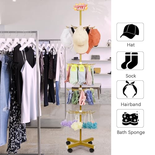 Image of Retail Display Stand 5 Tier Metal Spinning Display Rack with Wheels Keychain Jewelry Stocking Hat Display Stand with Hooks for Malls, Showroom, Retail Store (Gold)