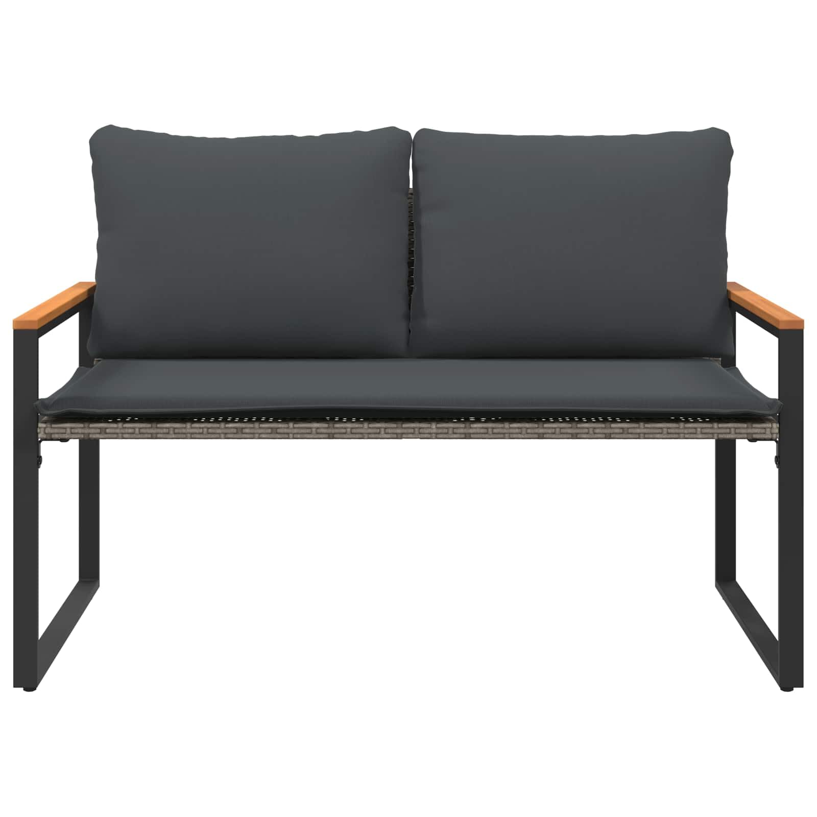 Ławka ogrodowa z poduszką, szara, ciemnoszara, 115 x 65 x 72 cm, stal rattanowa, odporna na warunki atmosferyczne, stabilne siedzisko z pianką memory, podłokietniki z drewna akacjowego