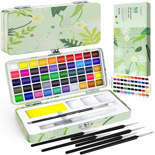 Caliart Watercolor Paint Set, 50 Colors Portable Travel Water Color Palette Kit with Detail Paint Brush, Art Supplies for Painting Coloring, Christmas Drawing Gifts for Artists Adults