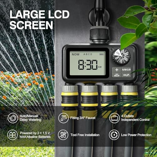 Image of LABART Sprinkler Timer, 4 Outlets Programmable Water Timer with Brass Inlet for Garden Hose, Outdoor Hose Timer with Rain Delay /Manual /Automatic Watering System, Digital Irrigation Timer for Yard /Lawn