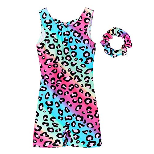 JESKIDS Leotards for Girls Gymnastics with Shorts Dance Biketards Tumbling Matching Hair Scrunchie 3~15 Years Rainbow Leopard 4-5T