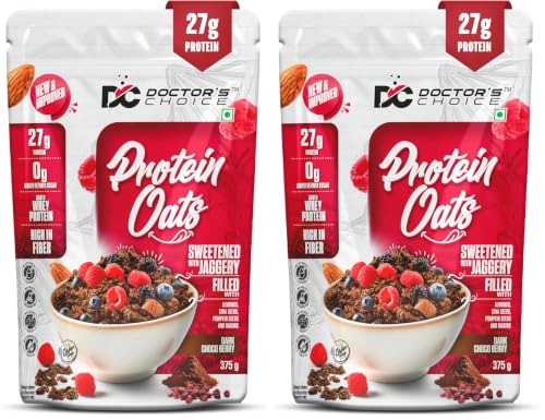 Image of Doctors Choice High Protein Oats 375g | 27g Protein Oatmeal | Dark Choco Berry Flavor | No Added Sugar | Gluten Free | High Fiber Healthy Breakfast Oats (Pack of 2)