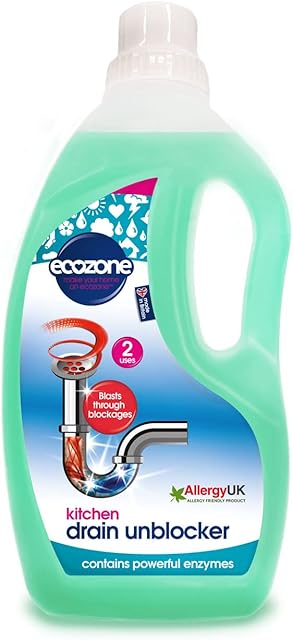 EcoZone Kitchen Drain Unblocker, Non-Toxic & Bleach-Free, Non Corrosive Cleaner, Enzyme Solution Breaks Down Soap Grease & Organic Blockages in Plug Holes, Septic Tank Safe & Vegan Friendly (1L)