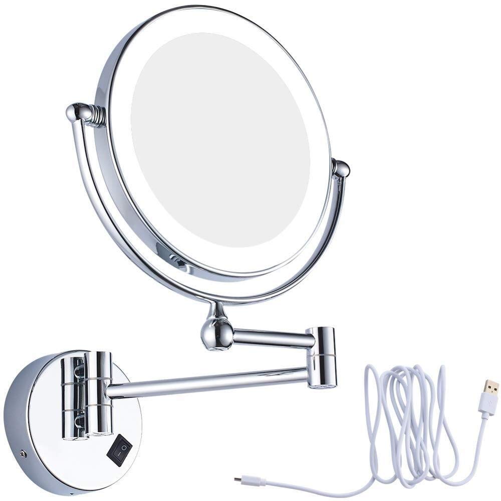 Miroir maquillage rasage extensible avec éclairage LED et double face laiton 8"