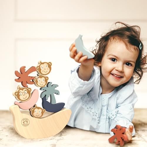 Image of Speedy Monkey See Saw Game, Wooden Stacking Blocks, Balance Beam with Bananas, Palm Trees & Monkeys, Enhances Color Knowledge, Logic & Fine Motor Skills, Non-Toxic Paint For Kids | monkeys, bananas, palm trees, see saw game, sorting & stacking toys, montessori toys, preschool toys, logic color recognition