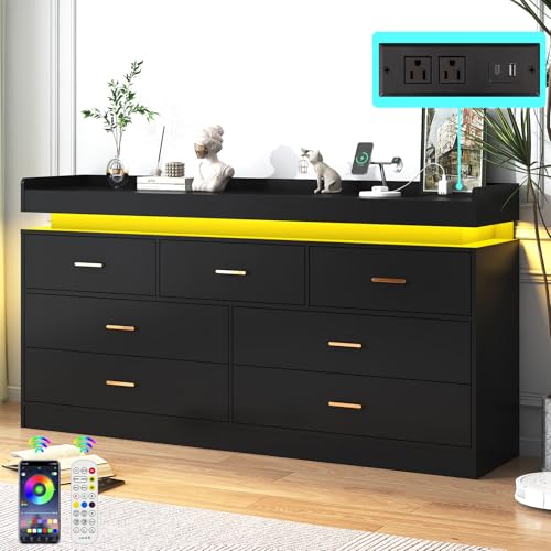 Image of jiteentarou 7 Drawer Dresser with Charging Station and LED Lights, Modern Chest of Drawers with Power Outlet, Organizer Cabinet for Bedroom, Living Room, Entryway, Black